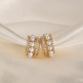 Trendy Layered Pearl Rhinestone Golden Earrings